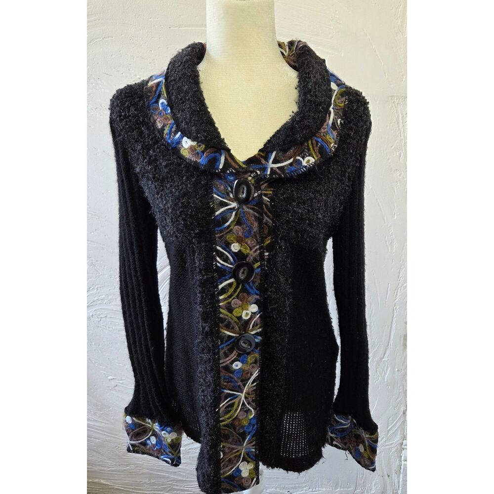Sioni Woman's UNIQUE Mohair Wool Blend Embroidered Black Cardigan Sweater Size M